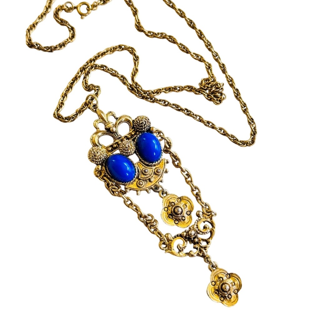 VTG Motif Necklace Regal Victorian Style Blue Glass Cabochon Statement Gold 60s